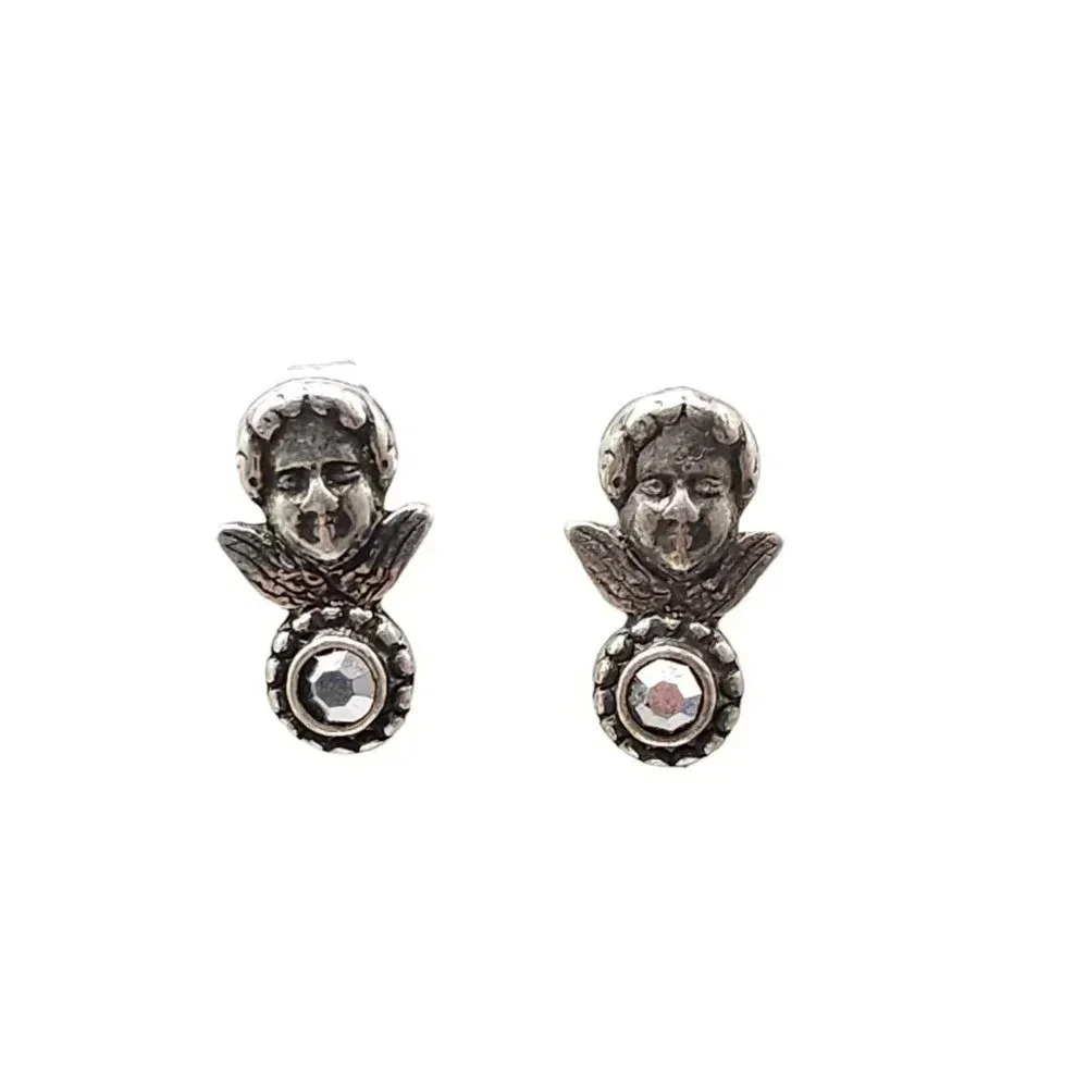 Kirks Folly Marcasite Cherub Face Studs Earrings Silver Tone Vintage
